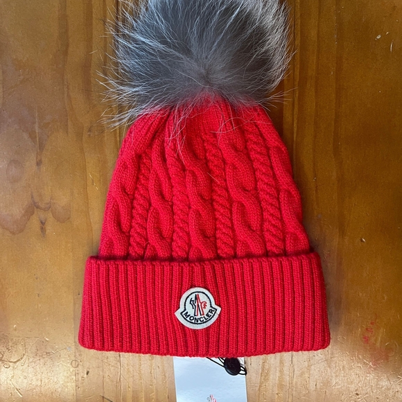 Moncler Vibrant Red Kids Cable Knit Hat with Pom-Pom - Picture 1 of 5